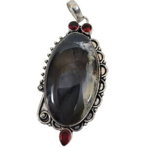 Handmade Silver Pendant with Dendritic Agate and Red Garnets in Bezel Setting